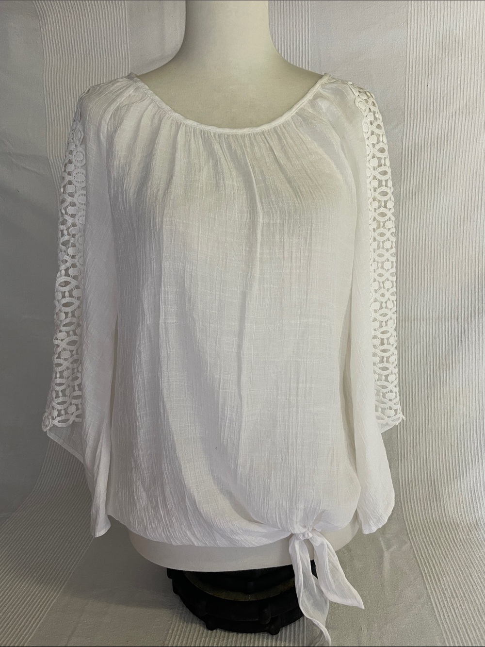 White Gauze Peasant Blouse with Lace Crochet Sleeves